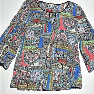 Spense Blue Red Graphic 3/4 Sleeve Blouse Large